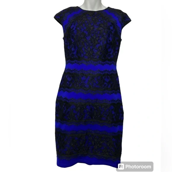tadashi shoji lace & neoprene dress Tadashi Shoji Neoprene Navy & Black Metallic Lace Overlay Sheath Dress